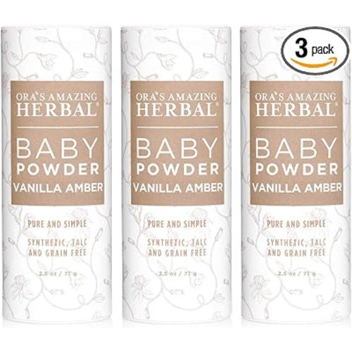 Baby Powder Talc-Free, Real Vanilla Amber Natural Scent, Cornstarch Free Arrowroot and Clay Based Powder, Synthetic Fragrance Free, Ora's Amazing Herbal, 2.5 oz 3 Pack