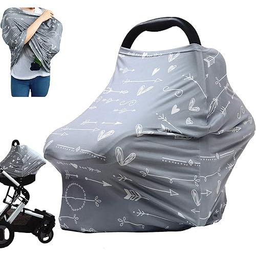 Breastfeeding Nursing Cover Carseat Canopy - Multi Use Infant Stroller Cover, Car Seat Covers for Babies, Nursing Scarf, Baby Shower Gifts for Boys and Girls (Grey Arrows)