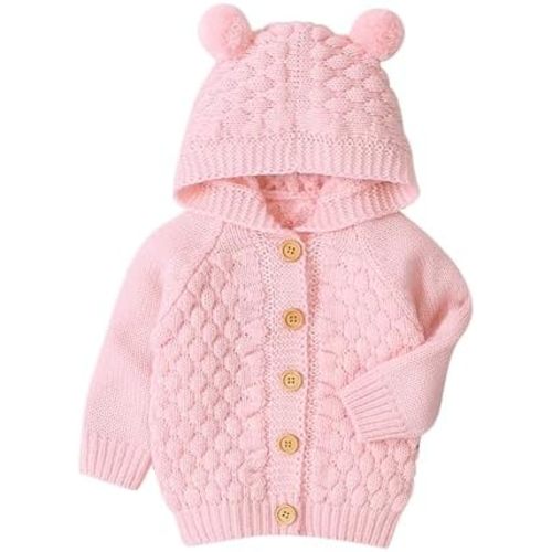 Baby and Newborn Long Sleeve Teddy Bear Ear Hood Cardigan Sweater Infant Button-Down Cable Knit Cardigan Fall