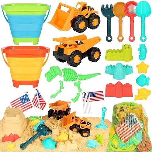 Beach Sand Toys for Kids, 29PCS Sandbox Toys with 2 Collapsible Bucket Sand, 2 Dump Truck, Dinosaur Molds, Castle Building Kit, Shovel Sieve,Flags,Mesh Bag Travel Beach Toys for Toddler 3-10