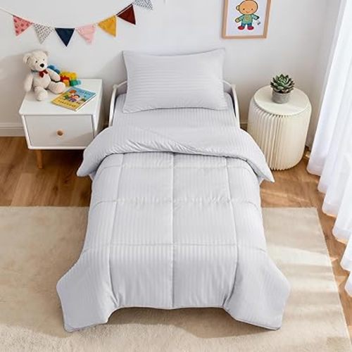 ZPECC Toddler Bedding Set - 4 Piece Hypoallergenic Baby Crib Bedding Set for Boys and Girls, Includes Toddler Comforter, Flat Sheet, Fitted Sheet and Pillowcase, White Stripe