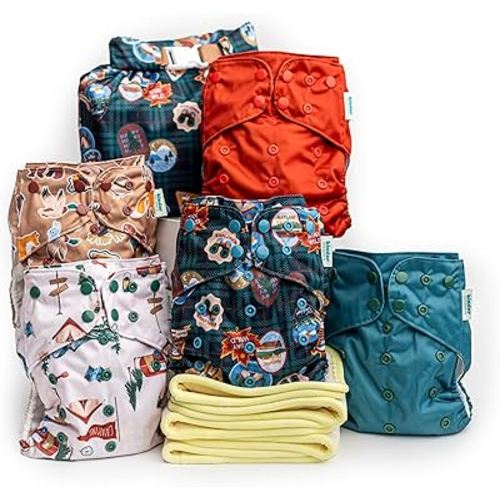 Big Adventure Kinder Cloth Diapers Set of 5 Reusable Baby Diapers Pocket Style Athletic Wicking Jersey, Bamboo Viscose Inserts, Wet Bag, Newborn to Potty Training 7-60lbs, Outdoors Nature Camping