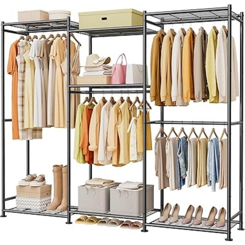 Clothes Rack - Freestanding Wardrobe Closet Organizer with 7 Shelves & 4 Hanging Rods, Metal Clothing Rack for Bedroom, Laundry Room, or Apartment (Black, 63" W × 12.6" D × 77.7" H)