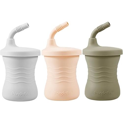 PandaEar Silicone Training Cup, 3 Pack Baby Drinking Sippy Cups with Straw for Baby and Toddler 6 Months+ (Brown/Pink/Gray)