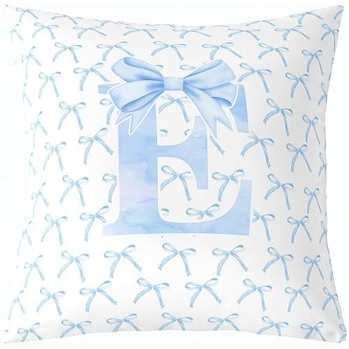 Cartoon Bowknot Kids Throw Pillow Cover,Blue Bow Tie Letter E Knot Princess Double Sides Pillow Case Girls Women,Watercolor Bow Patchwork Blue White Bed Couch Sofa Cushion Cover,Single Pack 16"x16"