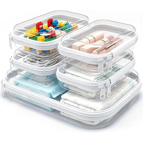 5 Pack Clear Hard Shell Zipper Case,1 Large & 4 Small Diaper Bag Organizer Pouches,Water-Resistant Stackable Organizers for Travel, Toiletries, Makeup, Cables, Toys and Crafts