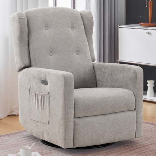 Power Swivel Rocking Recliner Chair, Electric Rocker Nursery Glider Chair, USB and Type-C Ports, Upholstered Fabric Reclining Single Sofa Chair for Living Room (Grey)