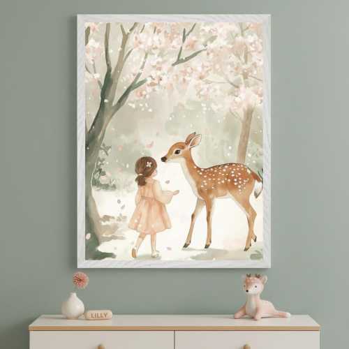 Deer and Girl Framed Wall Art: Whimsical Woodland Scene, Soft Earth Tones, Nursery Decor