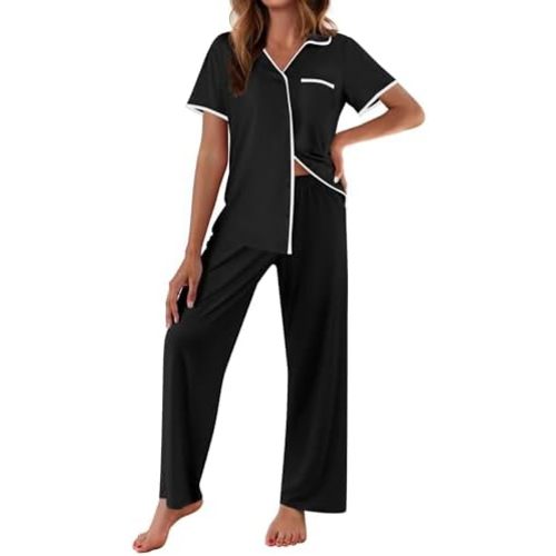 Ekouaer Women Pajamas Button Down Notch Collar Soft Short Sleeve Pjs with Long Pant Lounge Set