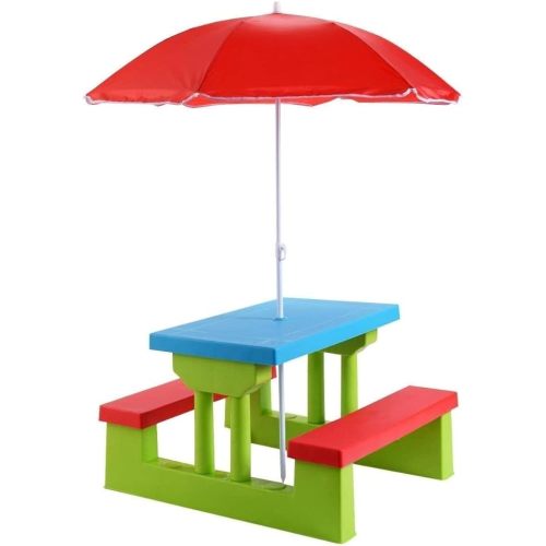 Costzon Kids Picnic Table, Indoor & Outdoor Plastic Table and Bench with Removable Umbrella, Portable Toddler Picnic Table and Chair Set for Garden, Backyard, Patio