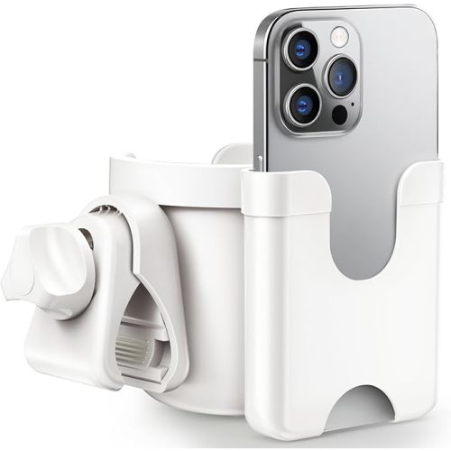 Stroller Cup Holder with Phone Holder, Guiseapue Cup Holder for Walker, Wheelchair/Bike/Rollator/Scooter Stroller Accessories for Uppababy, Nuna, Doona,Baby Travel Essential - White