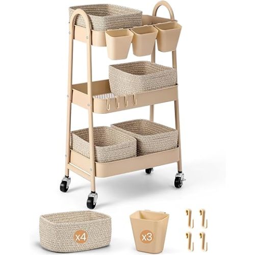 3-Tier Rolling Utility Cart with 4 Woven Baskets, Diaper Book Snack Cart, Storage Organizer for Nursery, Kitchen, Craft Room, Home SPA, Living Room, Metal Frame Trolley on Lockable Wheels, Brown