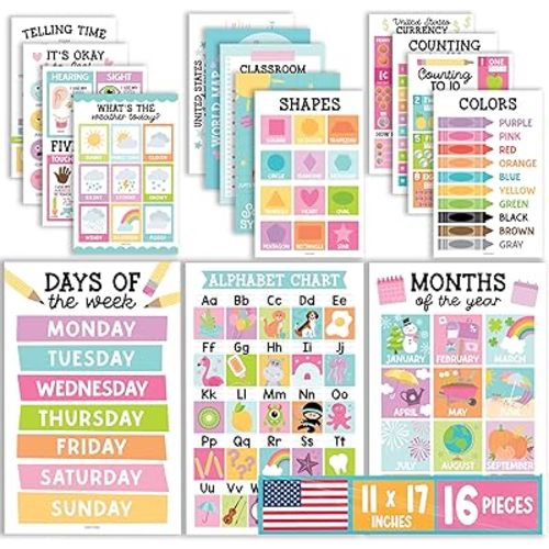 Hadley Designs 16 Educational Posters for Classroom Decor - Pastel Educational Posters for Toddlers 1-3, Toddler Learning Poster for Kids Ages 3-5, Kindergarten & Preschool Classroom Must Haves