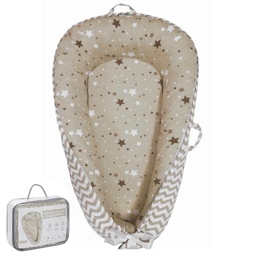 Aila+Aiden Baby Lounger | Organic Cotton Infant Lounger | Reversible, Adjustable & Portable Floor Lounger | Supervised Use | Soft, Breathable, Washable Cover- Star Collection (Tan)