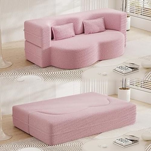 Folding Sofa Bed,15" Full Size Floor Couch,Convertible Teddy Fabric Foam-Filled Sleeper Futon Loveseat Couch for Living Room, Guest Use, Office, Apartmen (Pink)