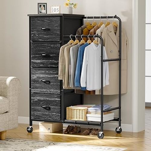 Romorgniz 47.3" H Dresser with Hanging Rack, 4 Fabric Drawers with Double Clothes Rack & Wheels, Tall Closet Organizer Dresser for Bedroom, Entryway, White, 15.8" D x 29.9" W x 47.3" H