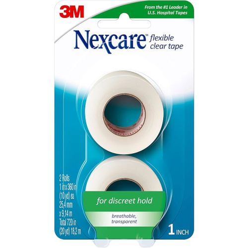 Nexcare Flexible Clear Tape, Waterproof Transparent Medical Tape, Secures Dressings and Catheter Tubing - 1 In x 10 Yds, 2 Rolls of Tape