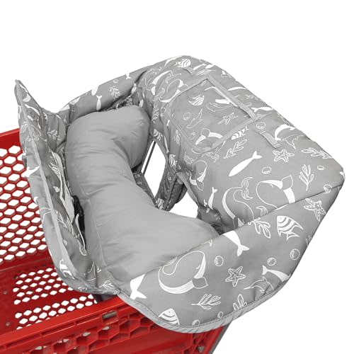 Love&go Soft Pillow Attached 2-in-1 Shopping Cart and High Chair Cover for Baby, Cotton Padded Cart Cover, Fold'n Roll Style, Portable with Carry Bag (Gray Seaworld)