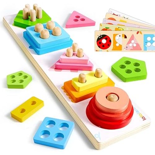 Montessori Toys for 1 2 3 Year Old Boy Girl, Wooden Sorting & Stacking Toys, Shape Sorter Baby Toy, Educational Sensory Toys for Kids, Wooden Blocks for Toddler 1-3, Christmas Birthday Gifts