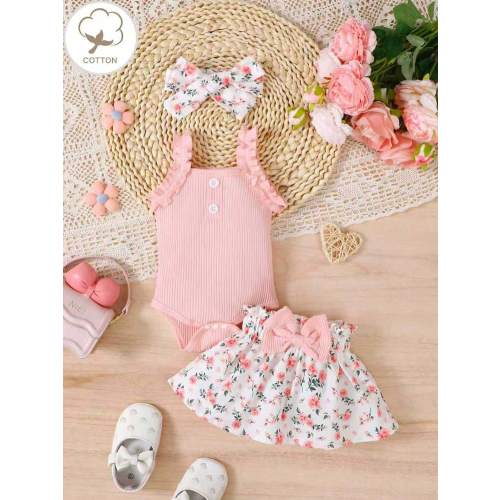 Baby Girl Sleeveless Solid Pink Top And Ruffle Trim Bowknot Shorts 2pcs Set, Casual Summer Outfit | SHEIN USA