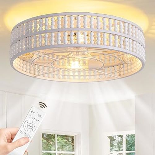 19 inch Caged Ceiling Fan with Light Ceiling Fans with Lights for Nursery Enclosed Chandelier Ceiling Fans for Kids Boho Wood Beaded Fandelier 6 Speed Flush Mount Wood Beads Fandelier for Bedroom