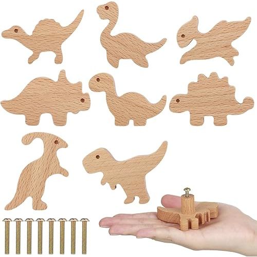 8 Pcs Wooden Animal Cabinet Knobs Wood Drawer Dresser Knobs Dino Drawer Pulls with Screws Room Handles Decor(Dinosaur Theme)
