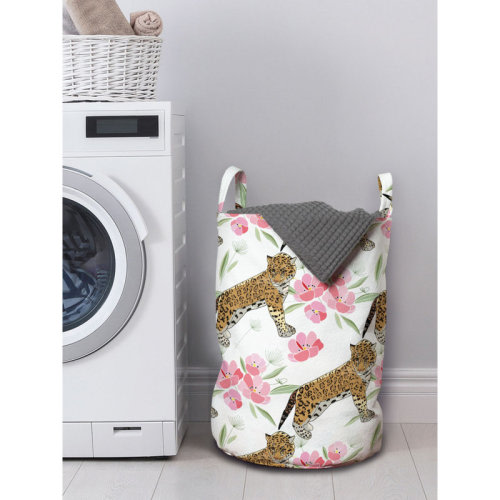 East Urban Home Ambesonne Jaguar Laundry Bag, Retro Flowers And Jaguars Blossoming Corsage Botanical Illustration, Hamper Basket With Handles Drawstring Closure For Laundromats, 13" X 19", Pale Brown Pale Pink | Wayfair