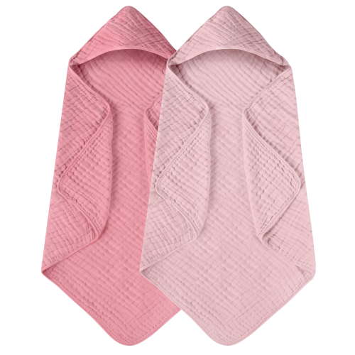 Yoofoss Hooded Baby Towels for Newborn 2 Pack 100% Muslin Organic Cotton Baby Bath Towel with Hood for Babies, Infant, Toddler and Kids, 32x32Inch, Soft and Absorbent Newborn Essential