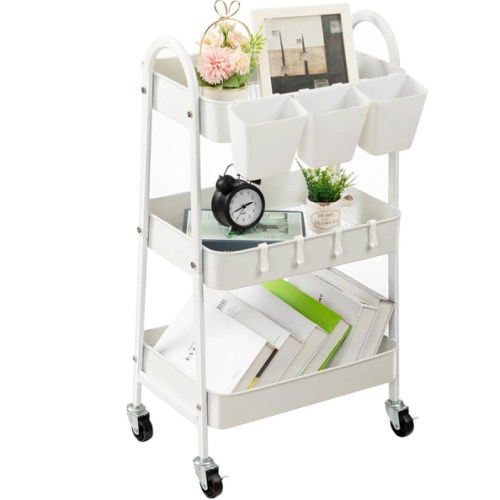 danpinera 3-Tier Rolling Cart, Metal Rolling Storage Cart with Lockable Wheels & Hanging Cups & Hooks, Mobile Trolley Cart for Kitchen, Bathroom, Office, Workshop, White
