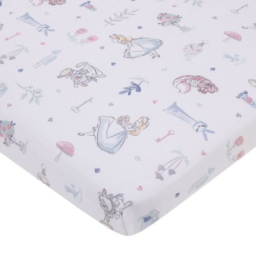 NoJo Disney Alice in Wonderland Light Blue, Pink, and White, Rabbit, and Cheshire Cat Super Soft Nursery Fitted Mini Crib Sheet