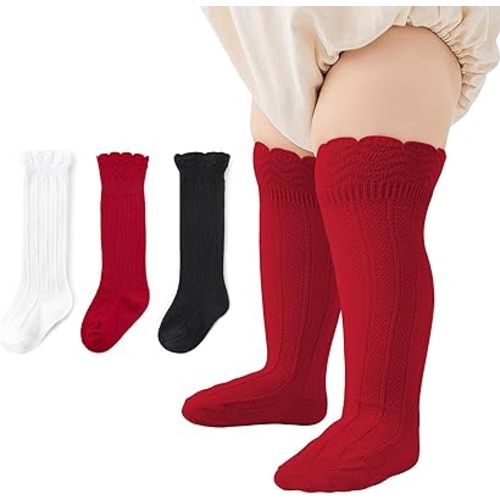 Zando Baby Girls Knee High Socks 3-Pack, Soft Cotton Long Tube Ruffle Socks for Preemie Infant Newborn Toddler 0-3T