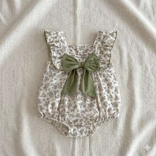Sage Bow Floral Baby Girl Romper, Ruffle Strap Bubble Outfit