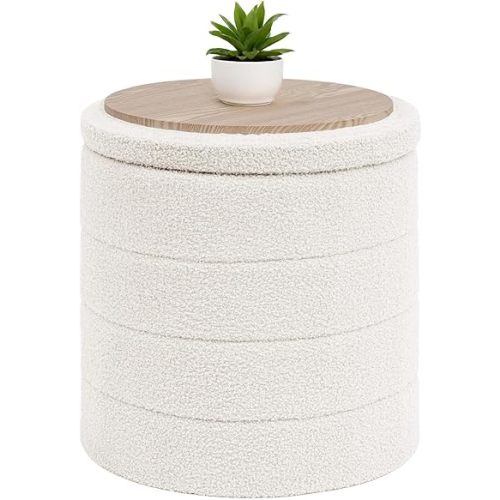 B FSOBEIIALEO Ottoman with Stroage, Round Sherpa Storage Ottoman Stool, Boucle Foot Rest 16.9"x16.9"x17.7"（White