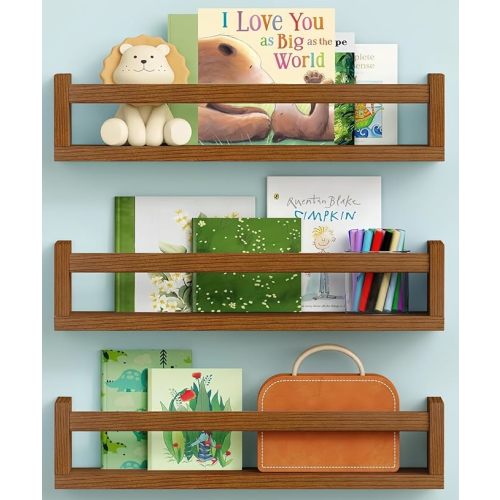 Walnut Brown Nursery Book Shelves Wall Mounted, Wooden Floating Bookshelves for Kids Room Bedroom, Dark Wood Nursery Bookshelf for Kitchen Classroom Playroom (Solid Pine, 3-Pack)
