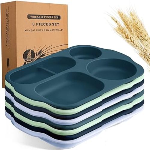 Tanlade 8 Pcs Large Unbreakable Divided Plates 12 Inch Wheat Straw Food Tray 5 Compartment Food Portion Control Tray Wheat Straw Section Plates for Adult Microwave Dishwasher Safe(Multicolor)