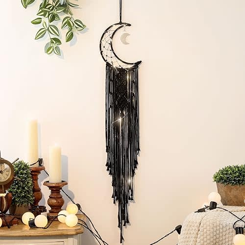 Black Macrame Moon Dream Catcher, Witchy Crescent Phase Woven Wall Hanging with Light, Handmade Gothic Bohemian Nursery Decor with Star Decoration for Home Bedroom, for Girl Kids