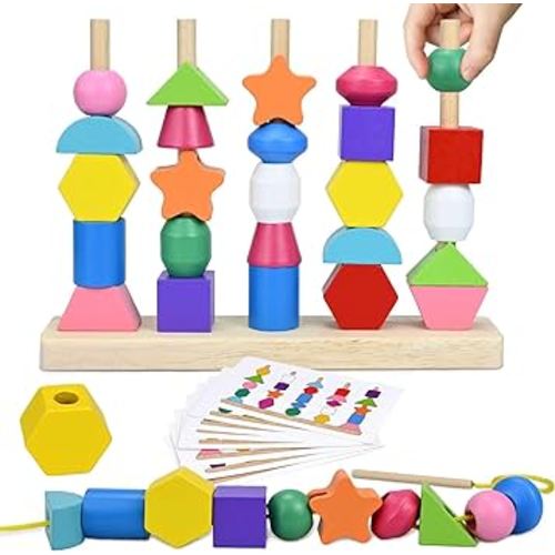 Montessori Toys for 3 4 5 6 Year Old Kid Boys Girls, Wooden Lacing Beads Sequencing Toy Set, Preschool Learning Shape Color Sorting, Stacking, Matching, Baby Gifts for Toddlers Age 3-6
