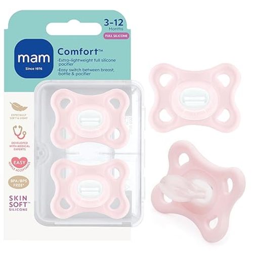 MAM Comfort Baby Pacifier 3-12 Mths Lightweight One-Piece Silicone 2 Pack
