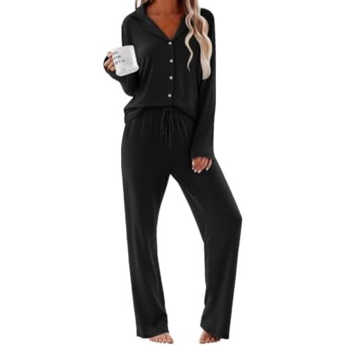Ekouaer Conjunto de Pijama para Mujer de Manga Larga Ropa de Dormir Abotonada Pjs Suave de 2 Piezas Ropa de Descanso con Pantalones Largos