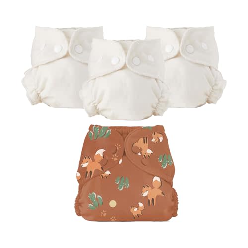 Esembly Cloth Diaper Bundle Set - 3 Organic Cotton Absorbent Inners and 1 Waterproof Outer Diaper Cover - Reusable, Washable, Snap Closure Cloth Diapers - Size 1 (7-17lbs), Foxes