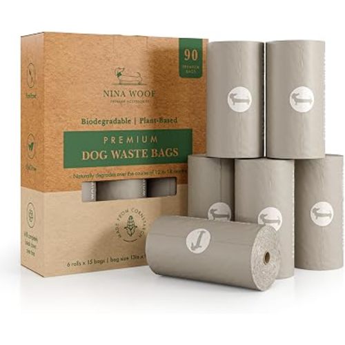 NINA WOOF Dog Poop Bags Rolls - 90 Compostable & Biodegradable for Puppy Walks, Travel, Thick Refill Housebreaking dog poo bags Premium Cornstarch Pet Poo Bags Dogs