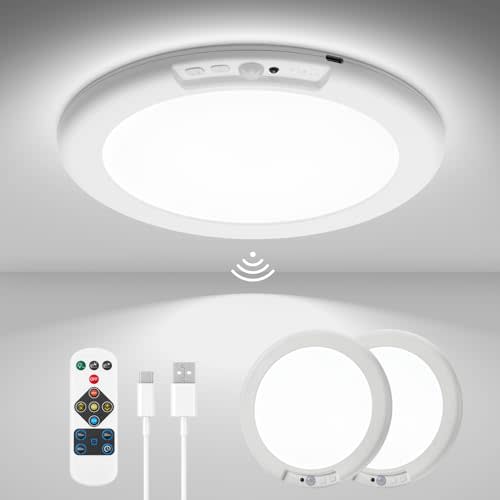 wowatt 2Pcs Battery Operated Ceiling Lights Rechargeable with Motion Sensor | Wireless Shower Light with Remote, 3000K 4500K 6500K 7.48", Dimmable Stick On Battery Lights for Ceiling,Lámparas Recargables