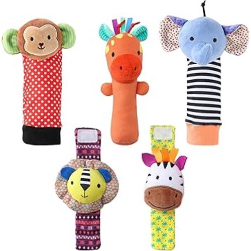 The Peanutshell Sock Rattles Set of 5 - Girl Boy Rattle Socks, Baby Toys 0-6-12 Month, Animal Newborn High Contrast Baby, Infant, Newborn Toys 0-3 0-6 Months Old Babies - Safari