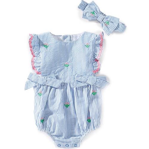 Adventurewear 360 Baby Girls Flutter Sleeve Ric-Rac Trim Seersucker Embroidered Flowers Bow Detail Bubble Romper