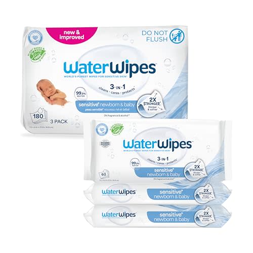 WaterWipes Sensitive+ Newborn & Baby Wipes, 3-In-1 Cleans, Cares, Protects, 99.9% Water, Unscented & Hypoallergenic, 180 Count (3 Packs)