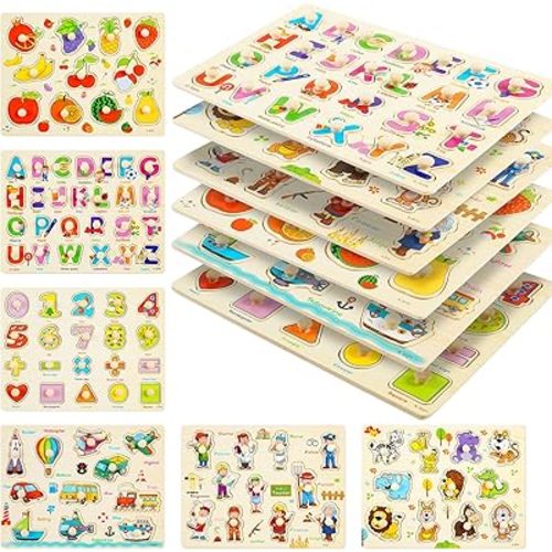 Wooden Peg Puzzles for Toddlers, 6 Pack Toddler Puzzles Set for 3 4 5 Years Old, Preschool Education Learning Puzzle Toys for Girls and Boys (Alphabet Number Animal Vehicle Fruit Occupation)