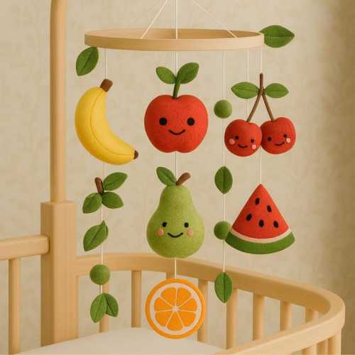 Handmade Felt Fruit Baby Mobile – Unisex Crib Mobile with Apple, Pear, Banana & Watermelon, Colorful Nursery Decor, Baby Shower Gift