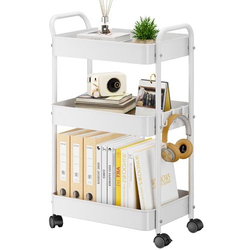 YASONIC 3-Tier Metal Rolling Cart, Sturdy Storage Utility Carts with Wheels, Multifunction Craft Art Organizer for Bedroom, Laundry, Garage, Office, Nursery, Bathroom, Easy Assembly (White)