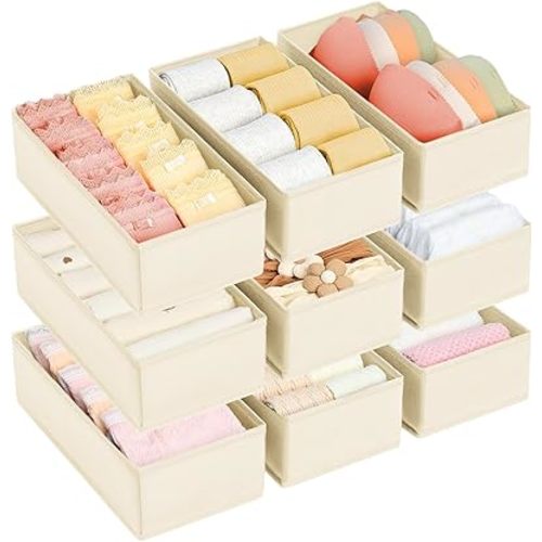 DIMJ Drawer Organizer Clothes - Underwear Organizer Small Sock Organizer Closet Organizers and Storage Box Dresser Drawer Dividers for Baby Clothes, Bra, Socks, Belt, Tie, Set of 9, Beige