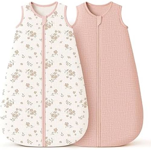 Konssy Muslin Baby Sleep Sack 0-6 Months 0.8 TOG, 2 Pack 100% Cotton Wearable Blanket for Babies, 2-Way Zipper Breathable Sleeping Sack Infant Toddler Essentials for Girls and Boys (Blossom, Pink)